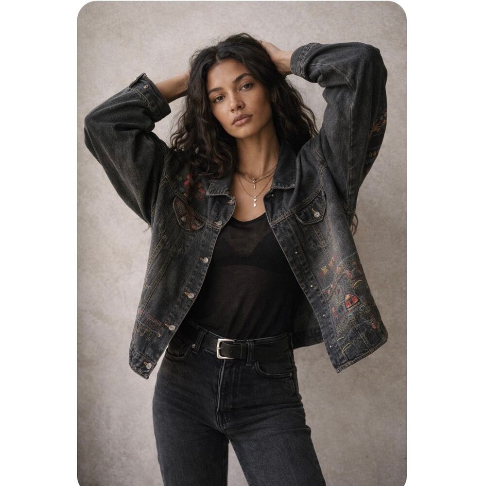 Chico’s Oversized Embroidered Black Denim Jean Jacket - Picture 5 of 12